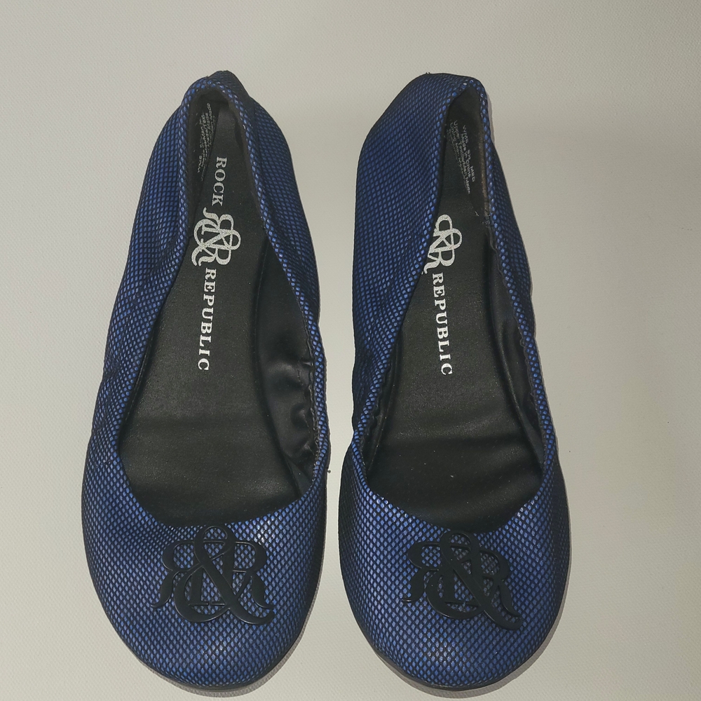 Rock & Republic Blue Textured Ballet Flats | Logo Slip-On Shoes Size 8.5
